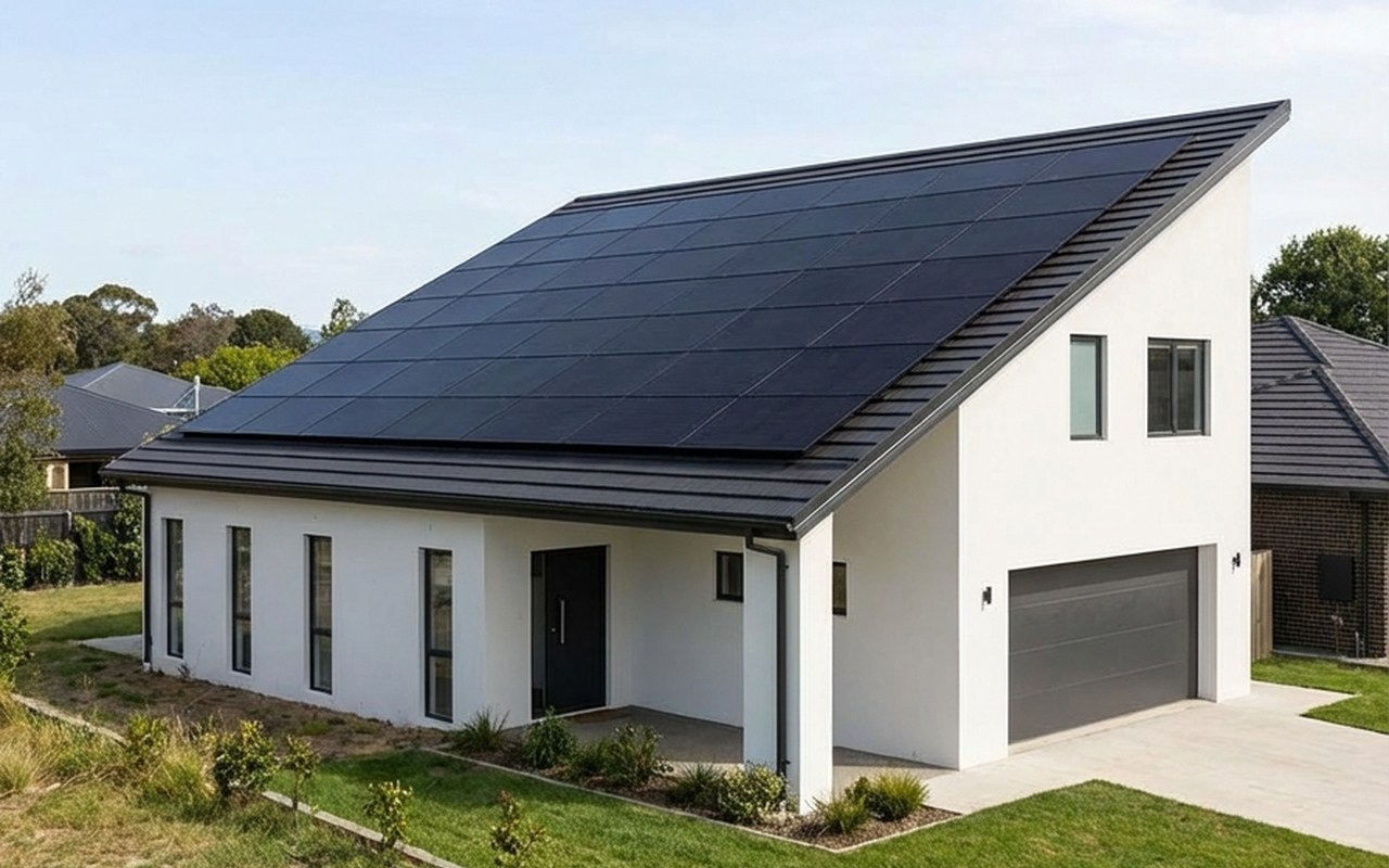 Modern home exterior featuring dark slate roof tiles integrated cleanly with sleek rooftop solar array