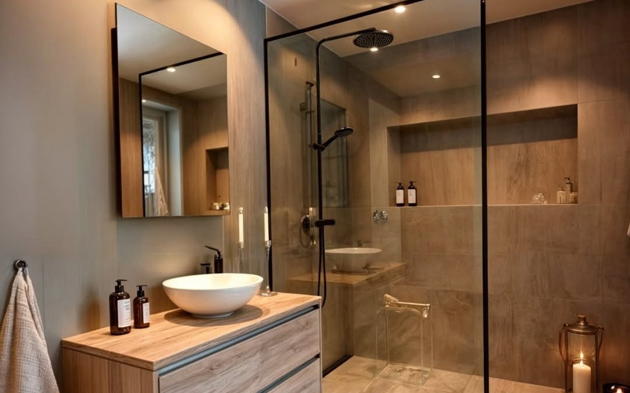 Calm spa bathroom interior with floating wood vanity, frameless walk-in rain shower, and warm stone tiles