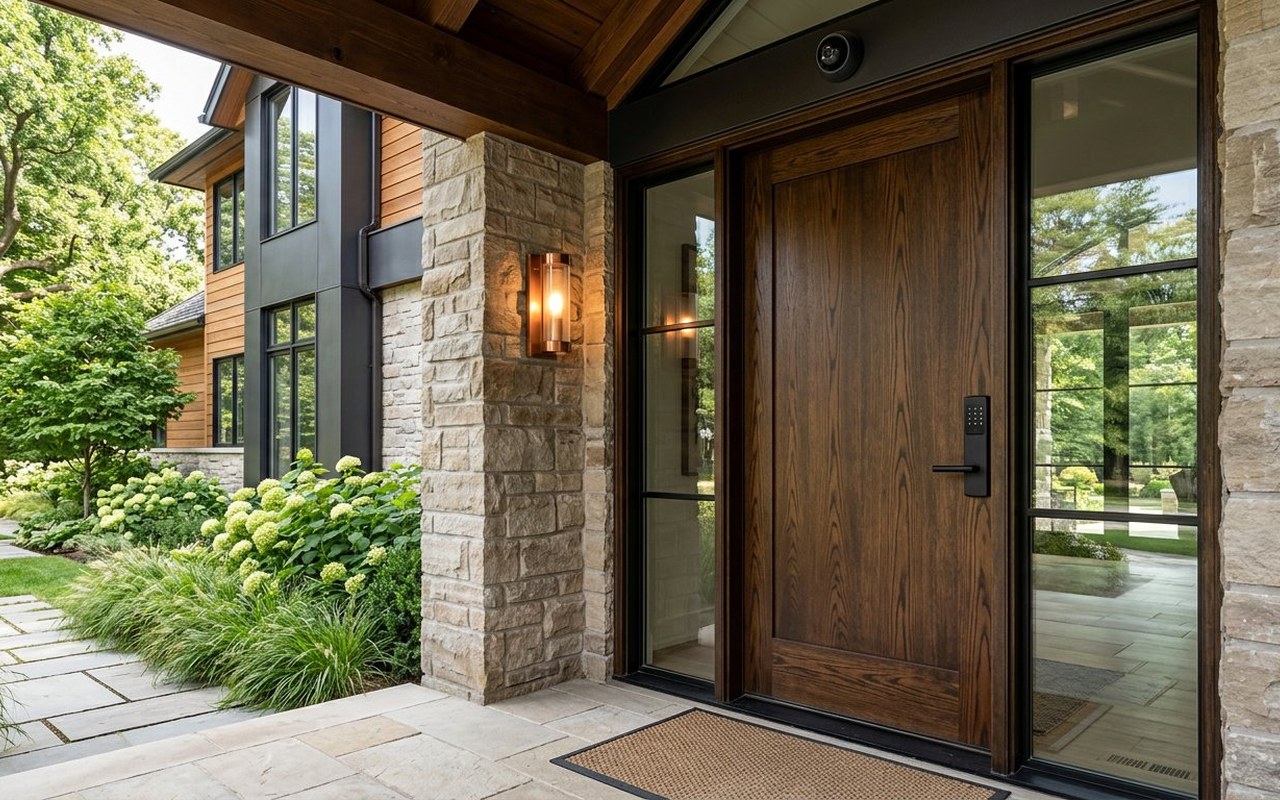Solid oak residential entry door fitted with discreet smart access control for Home Security