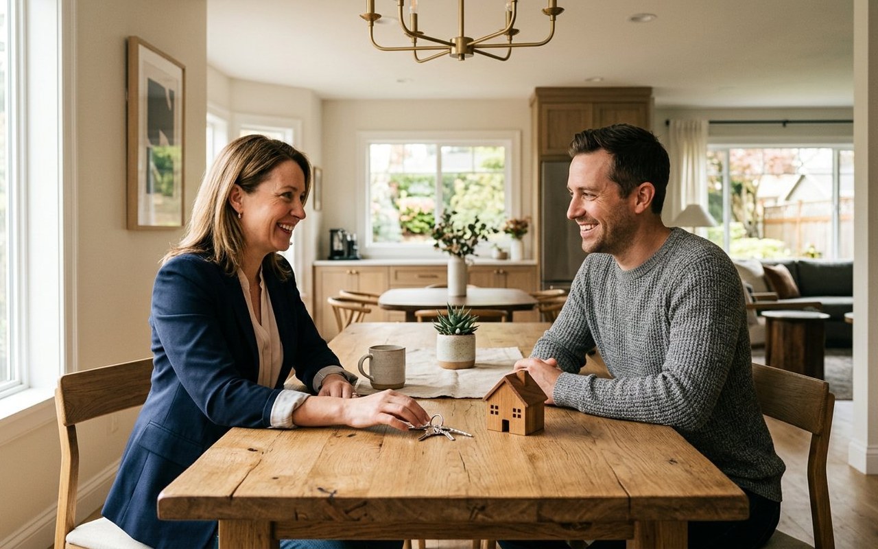 Homeowner and renovation advisor discussing Home Loan and Warranty options at oak dining table