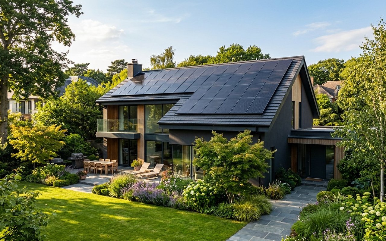 Sleek black rooftop photovoltaic array integrated onto residential roof for Solar Upgrade